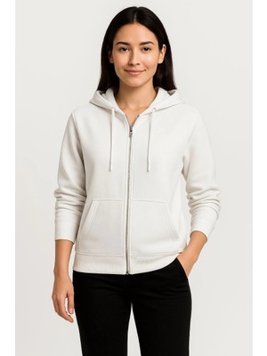 Asmedo Üç Iplik Kapüşonlu Tam Fermuarlı Kanguru Çepli Sweatshirt Hoodie - Beyaz