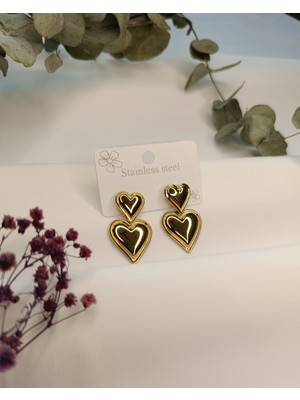 PremiumPort Altın Renk Çift Kalp Model 316L Çelik Küpe, Şık ve Zarif Tasarım
