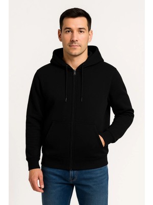 Asmedo Üç Iplik Kapüşonlu Tam Fermuarlı Kanguru Çepli Sweatshirt Hoodie - Siyah