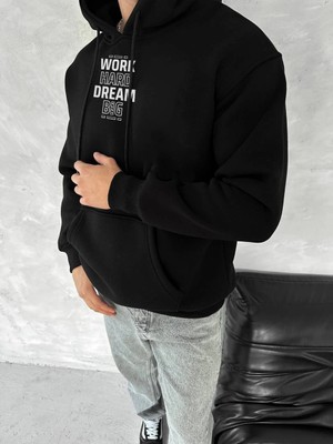 Asmedo Kışlık Üç Iplik Kapüşonlu Sweatshirt - Siyah