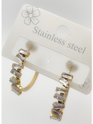 PremiumPort Şık Asimetrik Çelik Küpe, Renkli Taş Detaylarıyla Zarif Takı