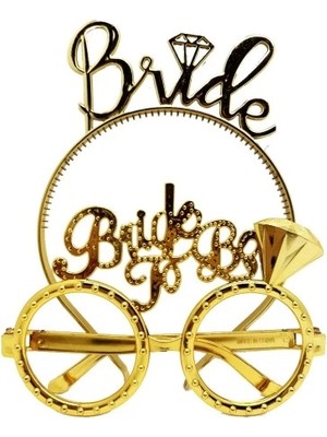 Özssay Bride Yazılı Taç ve Bride To Be Yazılı Gözlük Seti - Altın Renk