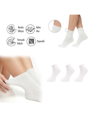 Lion Monroe Saf Bambu Kadın Lastiksiz Beyaz Soket Dikişsiz Premium Çorap 3'lü Paket / Iz Bırakmaz / Sıkmayan Çorap L5952AZNB Softaura