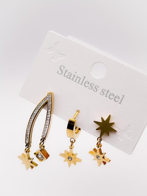 PremiumPort Şık 3'lü Sallantılı Çelik Küpe, Gold Renk, Modern Takı Aksesuarı