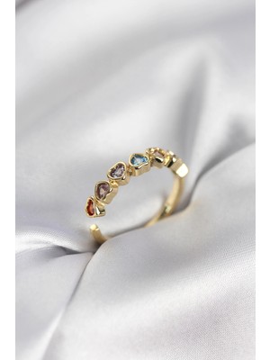 Özssay Gold Renk Kalp Model Renkli Zirkon Taşlı Kadın Yüzük