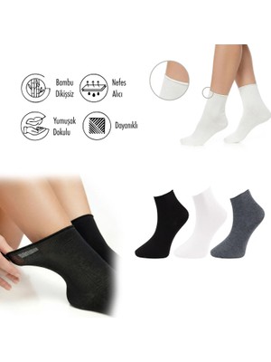Lion Monroe Saf Bambu Kadın Lastiksiz Siyah-Beyaz-Gri Soket Dikişsiz Premium Çorap 3'lü Paket / Iz Bırakmaz / Sıkmayan Çorap L5952AZNB Softaura