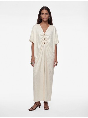 Koton V Yaka Kısa Kollu Metal Aksesuarlı Bol Kalıp Uzun Abiye Elbise