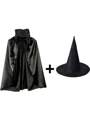 Özssay Siyah Yakalı Pelerin ve Siyah Cadı Şapkası Seti Çocuk Boy