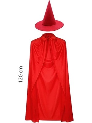 Özssay Yetişkin Boy Kırmızı Yakalı Pelerin ve Kırmızı Cadı Şapkası