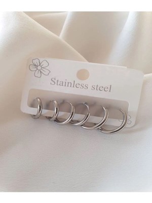 PremiumPort Şık 6'lı Gümüş Renk Çelik Halka Küpe Seti, Tarzınızı Tamamlar