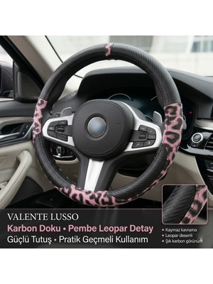 Valente Lusso Geçmeli Direksiyon Kılıfı Carbon-Irbis Serisi Karbon ve Leoparı Desenli - Sportif & Modern Tasarım (38-40CM)