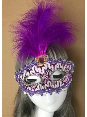 Eco Lounge Mor Dantel Işlemeli Mor Tüylü Balo Parti Maskesi