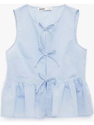 Koton Bisiklet Yaka Önden Bağlama Detaylı Fiyonklu Çizgili Peplum Bluz