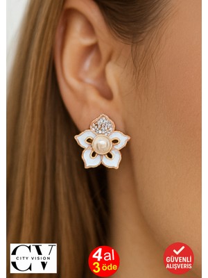 PremiumPort Parlak Incili Çiçek Tasarımlı Zirkon Küpe, 1,5 Cm, Şıklık ve Zarafet