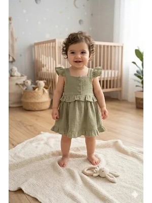 Efemkids 9/24 Aykız Bebek Elbise Tokalı Fırfır Detaylı Yenidoğan Bebek Elbise