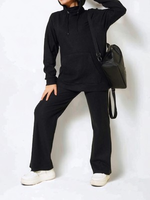 Moda Morfo Kapşonlu Kanguru Cepli Fitilli Takım -Siyah