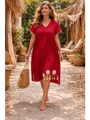 Tosbilotantik Kişiye Özel Tasarım El Örgüsü Motifli Kırmızı Şilebezi Maksi Elbise