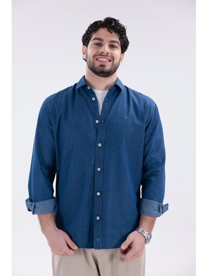 Erkek Denim Mavisi Uzun Kollu Klasik Kesim Jean Gömlek
