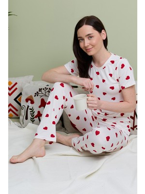 FullaModa Büyük Kalpli Desenli Bisiklet Yaka Kısa Kollu Pijama Takımı