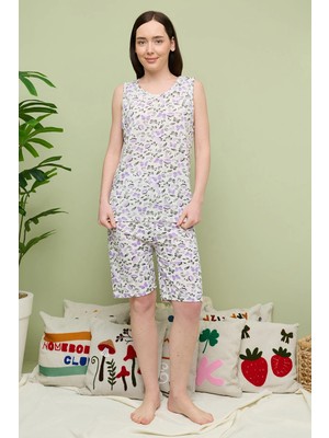 FullaModa Çiçek Desenli Büyük Beden Kolsuz Kapri Pijama Takımı