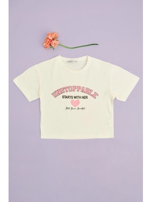 FullaModa Unstoppable Baskılı Kız Çocuk Crop Tişört