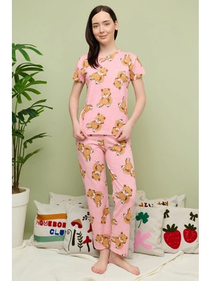 FullaModa Ayıcık Desenli Bisiklet Yaka Kısa Kollu Pijama Takımı