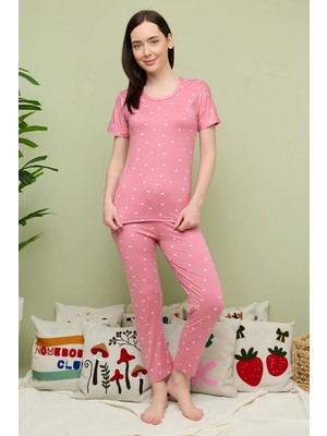 FullaModa Kalp Desenli Bisiklet Yaka Kısa Kollu Pijama Takımı