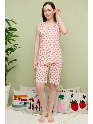 FullaModa Kalp Desenli Büyük Beden Kolsuz Kapri Pijama Takımı