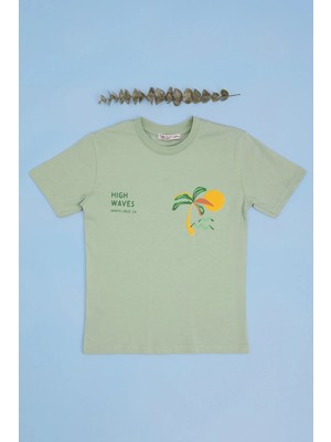 FullaModa Palmiye Baskılı Bisiklet Yaka Erkek Çocuk Tişört