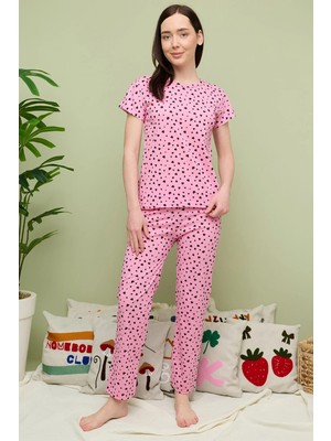FullaModa Kalp Desenli Bisiklet Yaka Kısa Kollu Pijama Takımı
