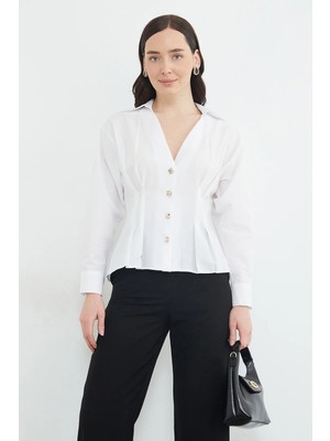 FullaModa Beli Pensli Pileli  Gömlek