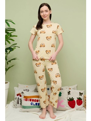 FullaModa Ayıcık Desenli Bisiklet Yaka Kısa Kollu Pijama Takımı