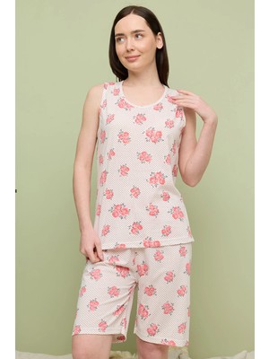 FullaModa Çiçek Desenli Büyük Beden Kolsuz Kapri Pijama Takımı