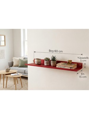Stilorax 304 Paslanmaz Çelik Duvar Rafı- Bükümlü – Dekoratif Metal Raf – Modern Tasarım - 60 x 16 - Kırmızı