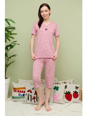 FullaModa Kelebek Desenli Kısa Kol Büyük Beden Kapri Pijama Takımı