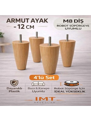 İmt Aksesuar Armut Mobilya Ayağı 4 Adet 12 cm Açık Meşe Robot Süpürgeye Uyumlu Koltuk Kanepe Baza Ayağı Seti