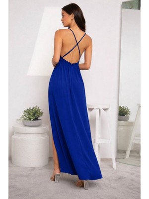Nidam Butik Kadın Ip Askılı Kruvazeli Yırtmaç Detaylı Yerli Krep Uzun Elbise