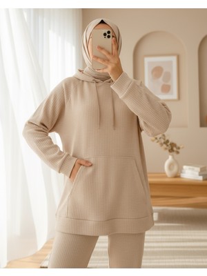 Moda Morfo Kapşonlu Kanguru Cepli Fitilli Takım -Bej