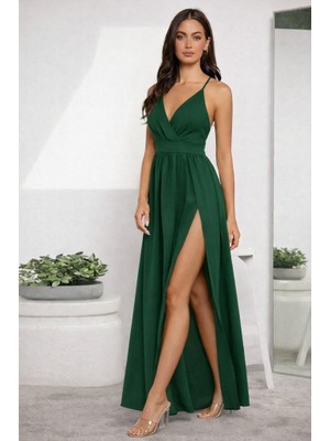 Arben Boutique Kadın Ip Askılı Kruvazeli Yırtmaç Detaylı Yerli Krep Uzun Elbise