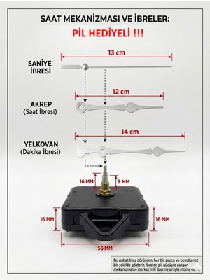 Sessiz Duvar Saat Mekanizması, 16 mm Şaft, Akrep Yelkovan Saniye Askılı