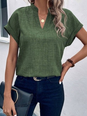 Cottonlab Kadın Kısa Kollu Hakim Yaka Sofya Bluz