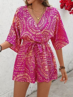Arben Boutique Kadın Kısa Kollu Kruvaze Yakalı Belden Kuşaklı Desenli Kısa Süprem Tulum
