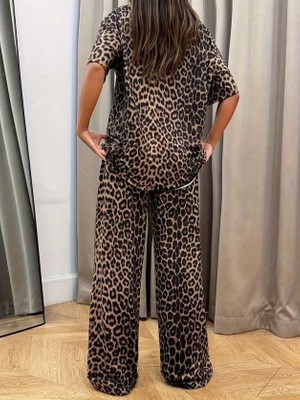 Nuvıraa Kadın Kısa Kollu Bisiklet Yaka Iki Iplik Leopar Desenli Bluz ve Pantolon Ikili Takım
