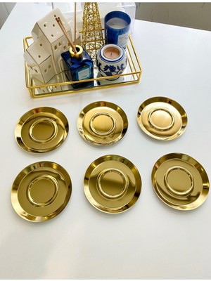 PremiumPort 6'lı Gold Paslanmaz Çelik Yuvarlak Çay Tabağı Bardak Altlığı Seti