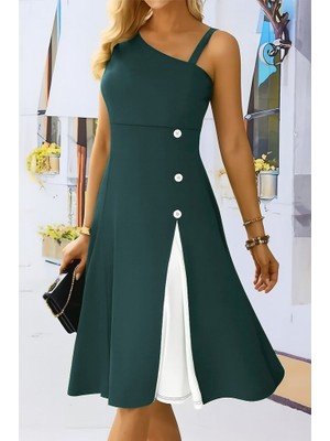 Pusula Sepeti Kadın Tek Omuzu Şerit Detaylı Kolsuz Yandan Düğme Detaylı Viskon Elbise