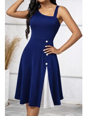 Passense Kadın Tek Omuzu Şerit Detaylı Kolsuz Yandan Düğme Detaylı Janjan Krep Elbise