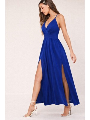 Bi Baksana Kadın Ip Askılı Kruvazeli Yırtmaç Detaylı Yerli Krep Uzun Elbise