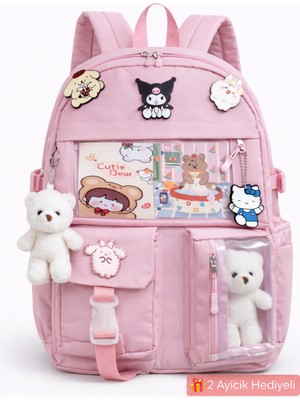 Kore Tarzı Okul Çantası Suya Dayanıklı 2 Ayıcık Hediyeli Kız Çocuk Erkek Çocuk Pembe Sırt Çantası