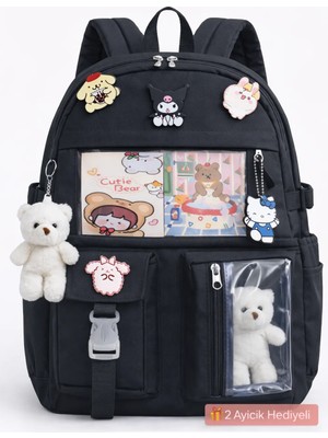 Kore Tarzı Okul Çantası Suya Dayanıklı 2 Ayıcık Hediyeli Kız Çocuk Erkek Çocuk Siyah Sırt Çantası