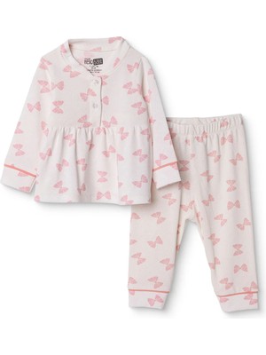 Hellobaby Kız Bebek Pijama Takımı Fiyonk Baskılı Düğmeli Gömlek Yaka Long Sleeve Reçme